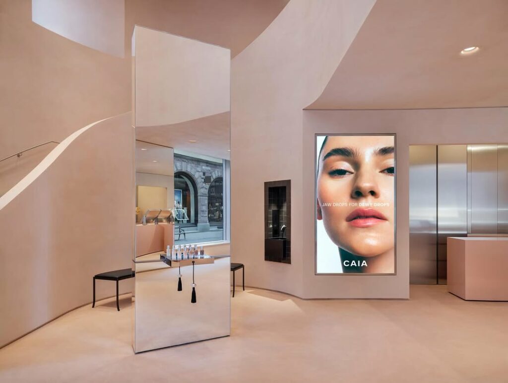 ClayLime - Natural clay concrete floor at CAIA Cosmetics flagship store in Stockholm, applied by Creative Coatings with ClayLime's Wonderstone.